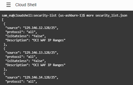 A screenshot of the json file in Cloud Shell.