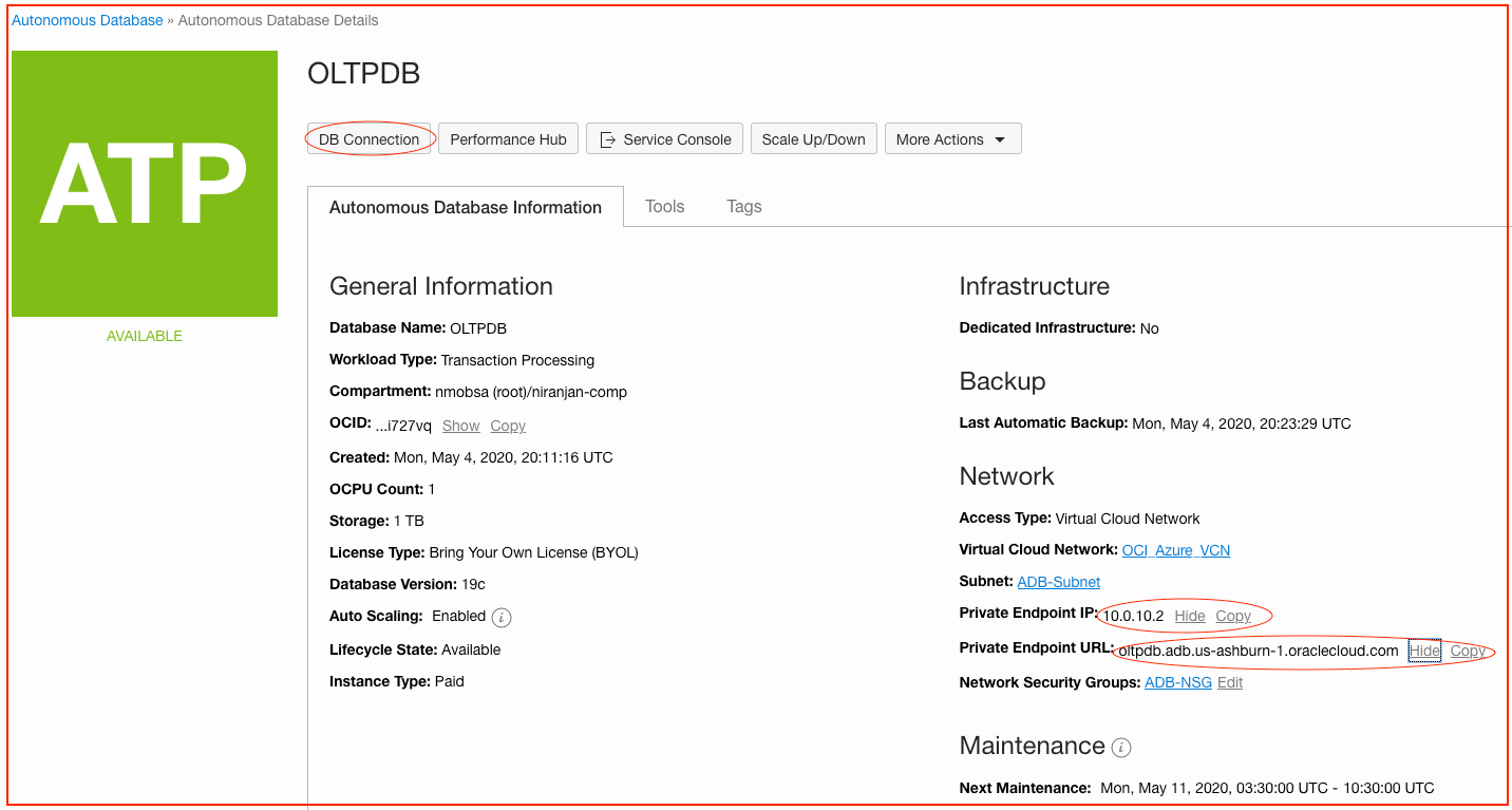 A screenshot that shows the Autonomous Database Details page for the OLTPDB database with the DB Connection button, private endpoint IP, and private endpoint URL circled in red.