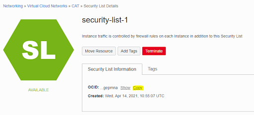 A screenshot of the Security List Details page with the Copy button for the OCID highlighted in yellow.
