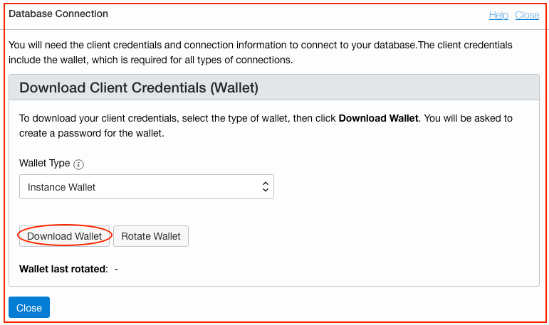  screenshot that shows the Database Connection window with the button for Download Wallet circled in red.