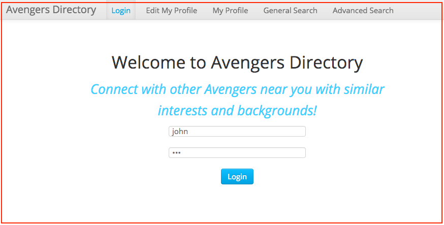 A screenshot that shows a login screen that reads Welcome to Avengers Directory. Connect with other Avengers near you with similar interests and backgrounds!