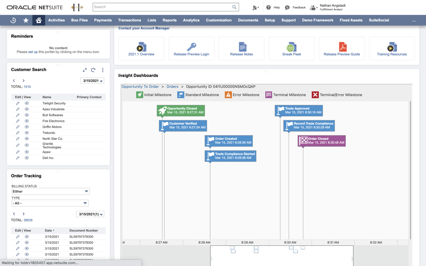 A screenshot of the Oracle NetSuite dashboard.