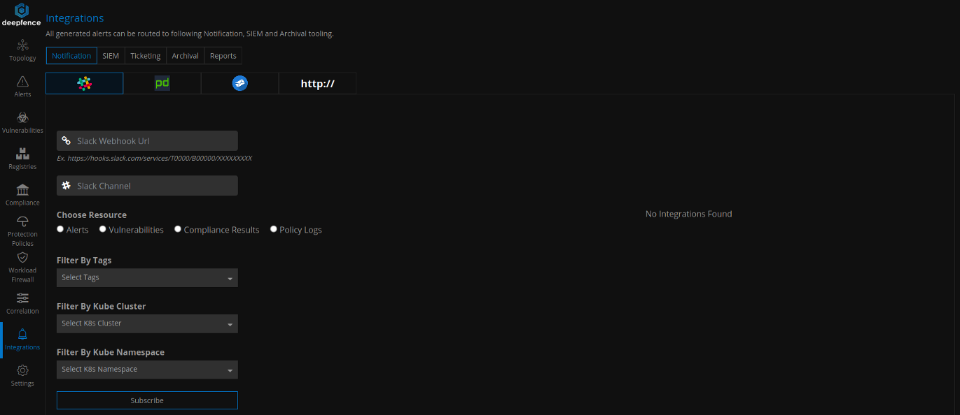 A screenshot of the Intergrations screen in the Deepfence interface.