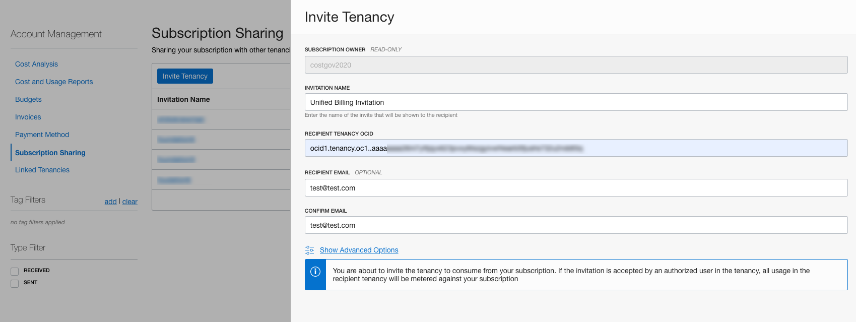 A screenshot of the Invite Tenancy window in the Subscription Sharing section of Account Management.