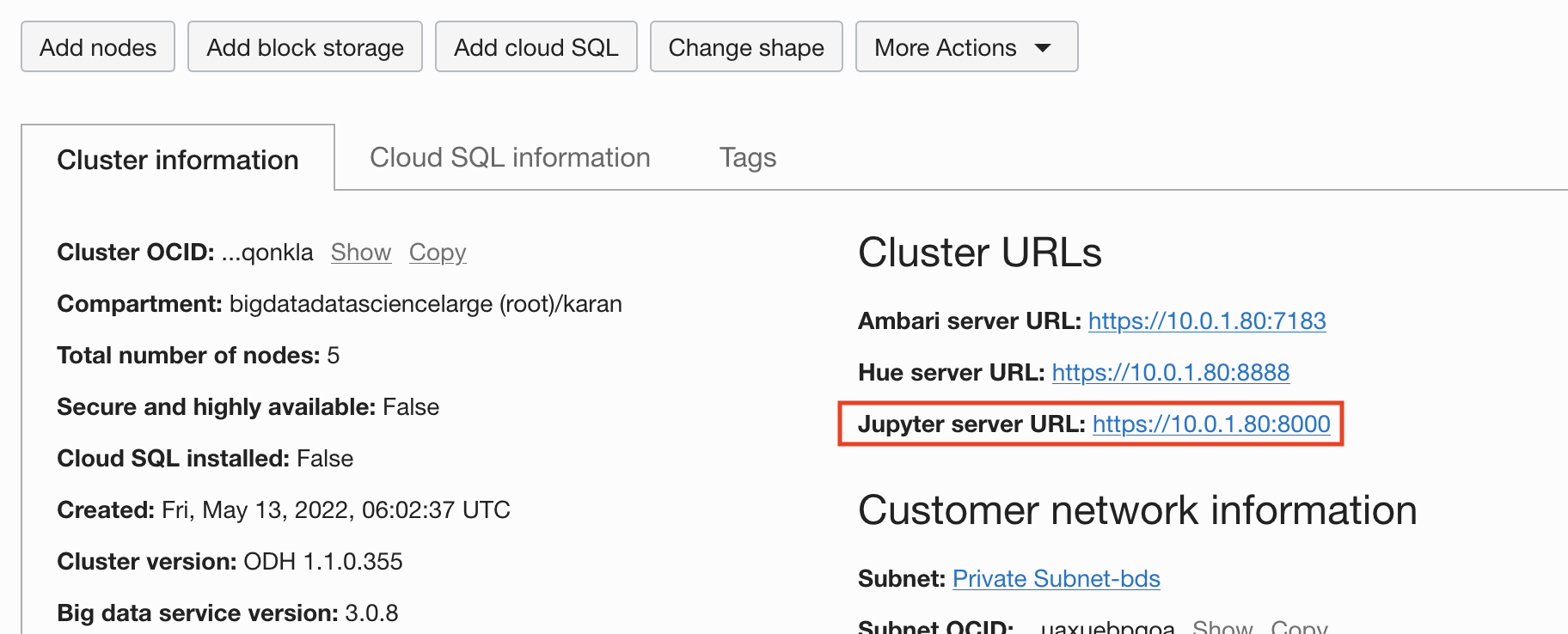 A screenshot of the Cluster information tab in the Console with the Jupyter server URL outlined in red.