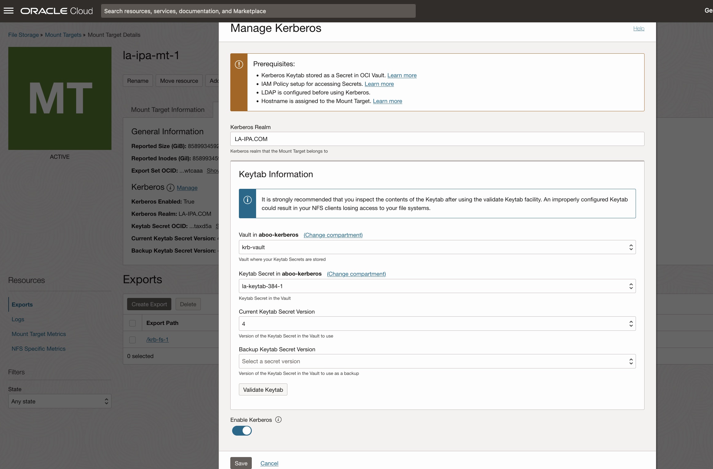 A screenshot of the Mount Target Details page showing the Manage Under Kerberos selection.