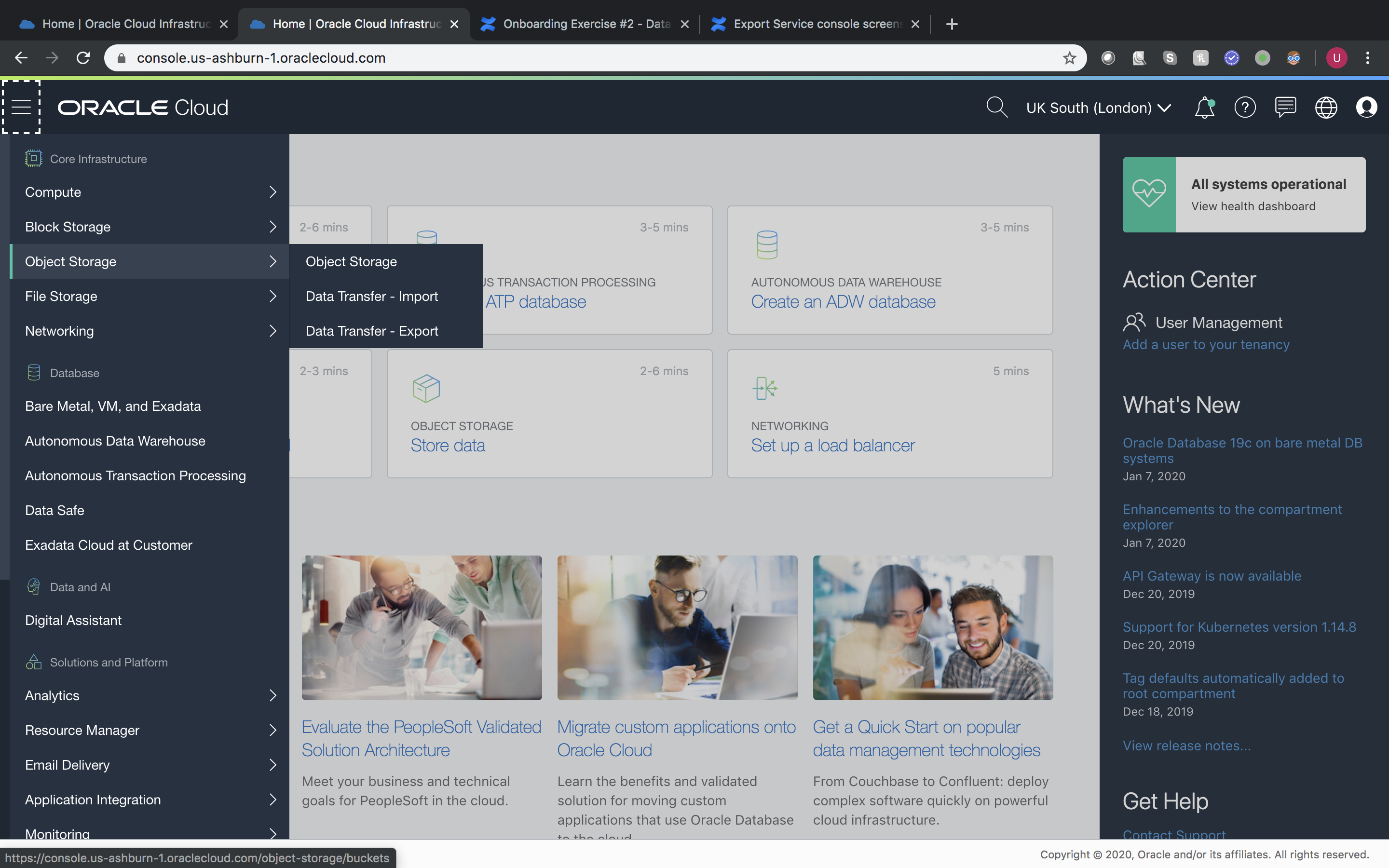 Screenshot of the Oracle Cloud Infrastructure Console showing the new Object Storage menu options: Data Transfer Import and Data Transfer Export.