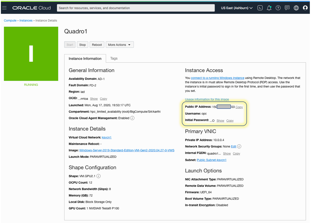 A screenshot that shows the instance details page with the public IP address, username, and password values highlighted.