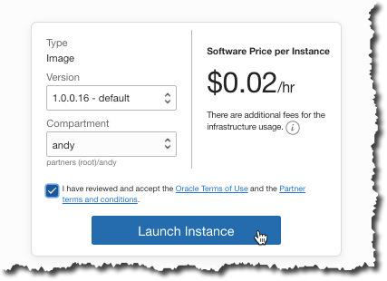 A screenshot of the compartment and image details, showing the price per instance, box to accept the terms of use, and the blue Launch Instance button.
