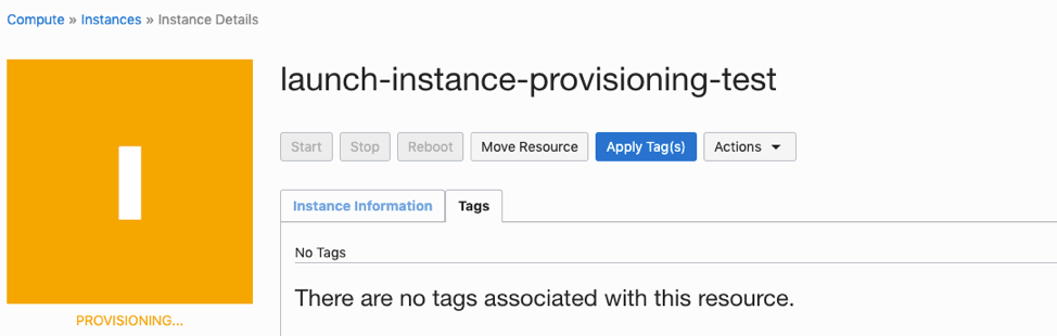 Screenshot that shows an instance details page indicating that no tags are associated with the instance. The instance is in the Provisioning stage.
