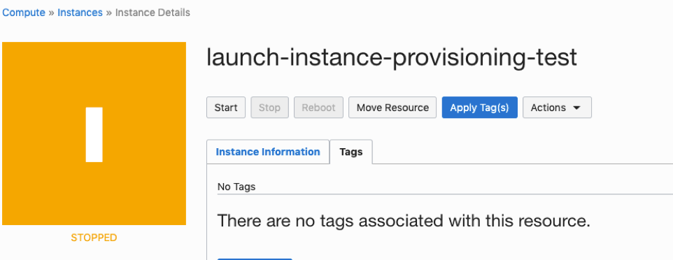 Screenshot that shows an instance details page indicating that no tags are associated with the instance. The instance is in the Stopped stage.