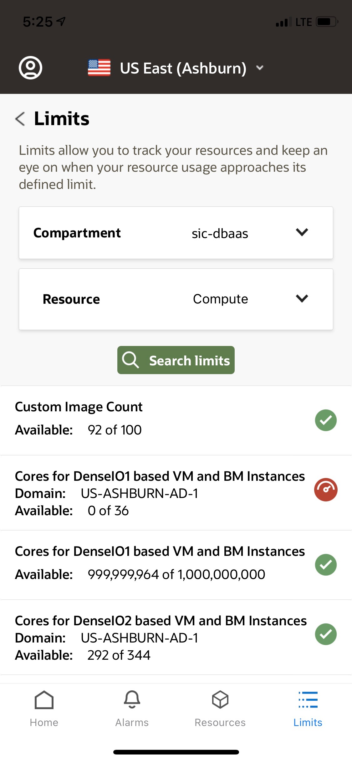 A screenshot of the Limits page in the Oracle Cloud Infrastructure app.