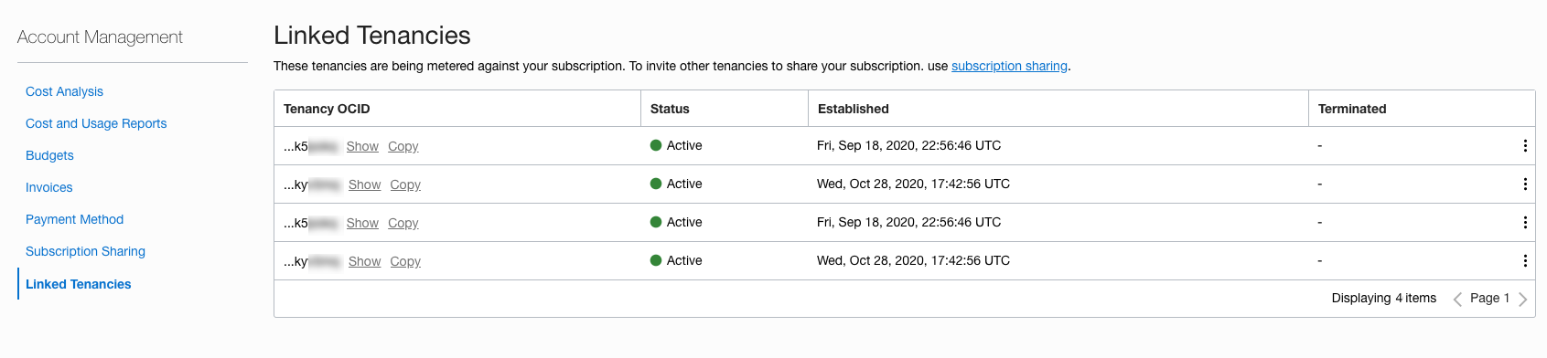 A screenshot of the Linked Tenancies page.