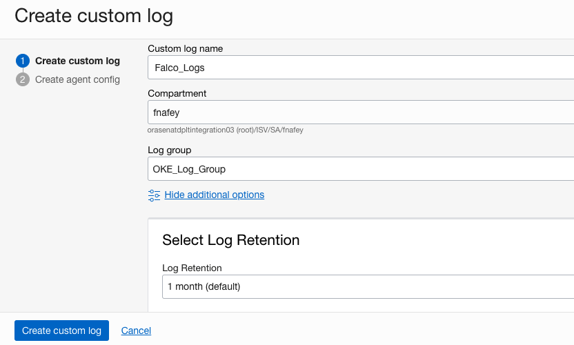A screenshot of the Create custom log screenwith the fields filled.