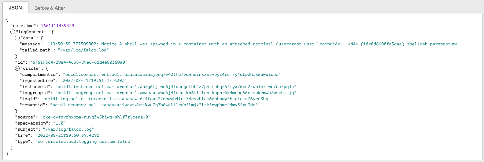 A screenshot of the JSON file for the log from Oracle Cloud Console showing Falco vulnerability detection.