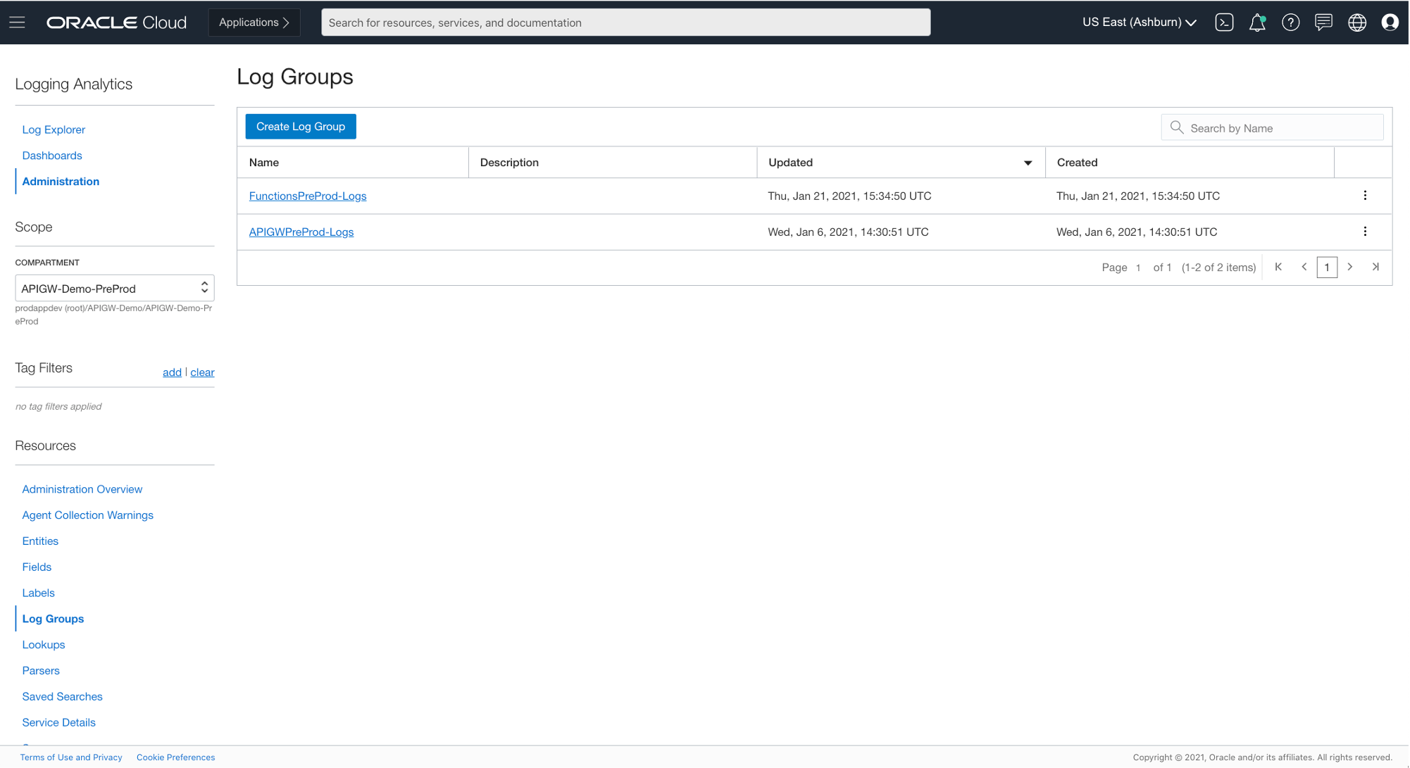 A screenshot of the Log Groups page in the Console.