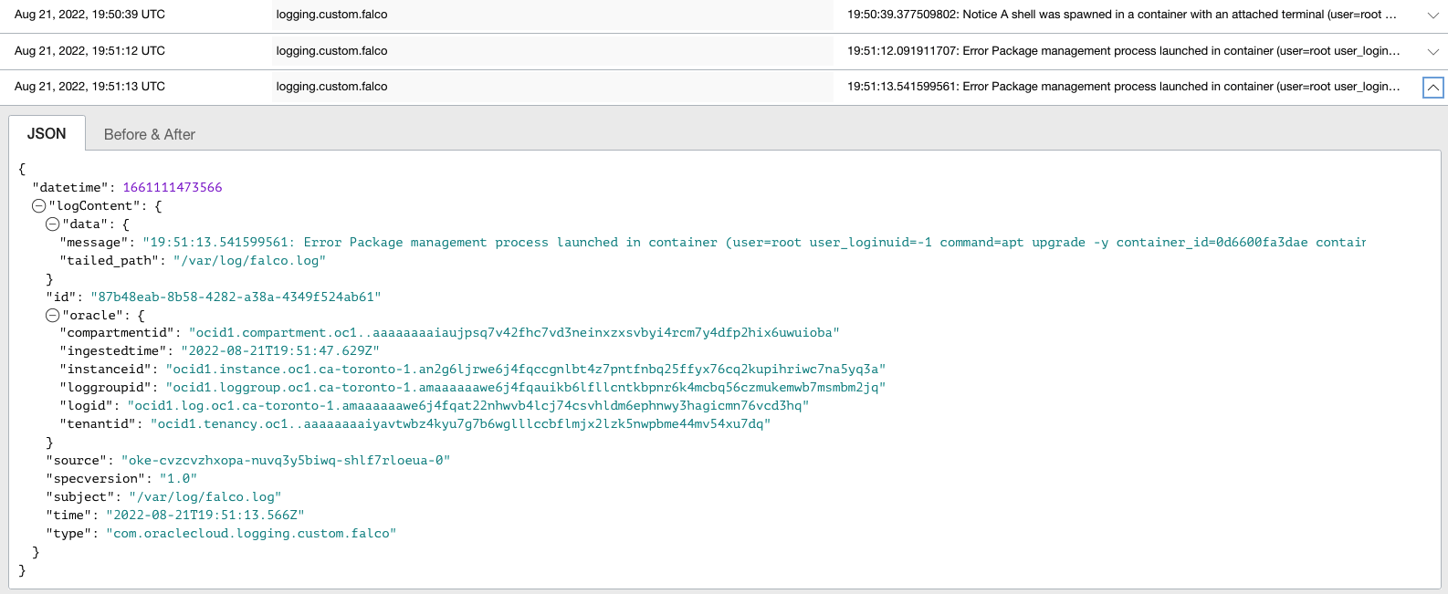 A screenshot of the JSON file of the log from the Console showing Falco vulnerability detection.