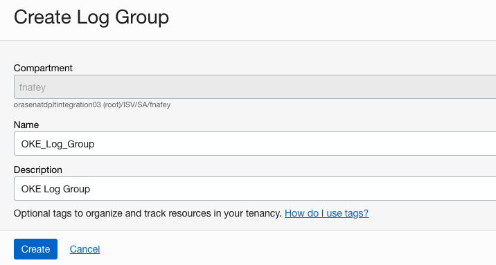 A screenshot of the Create Log Group page with the name and description filled in.