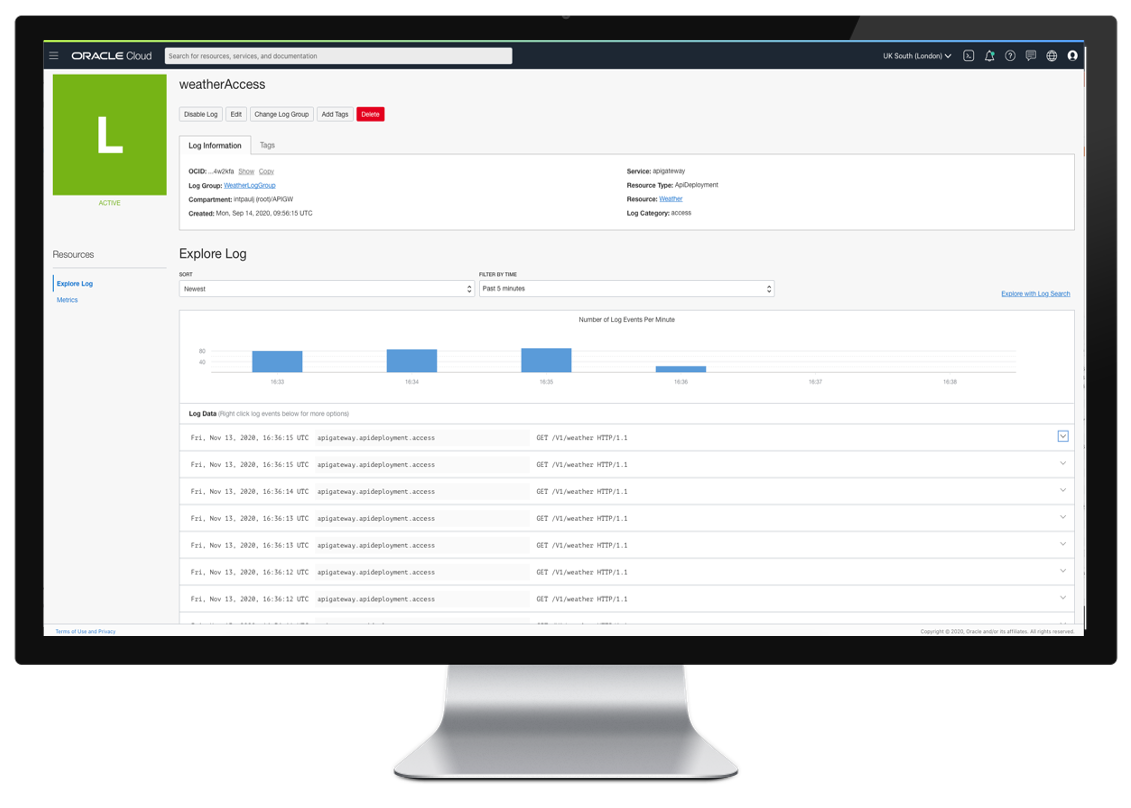 A graphic depicting a monitor showing the logs for weatherAccess in the OCI Console.