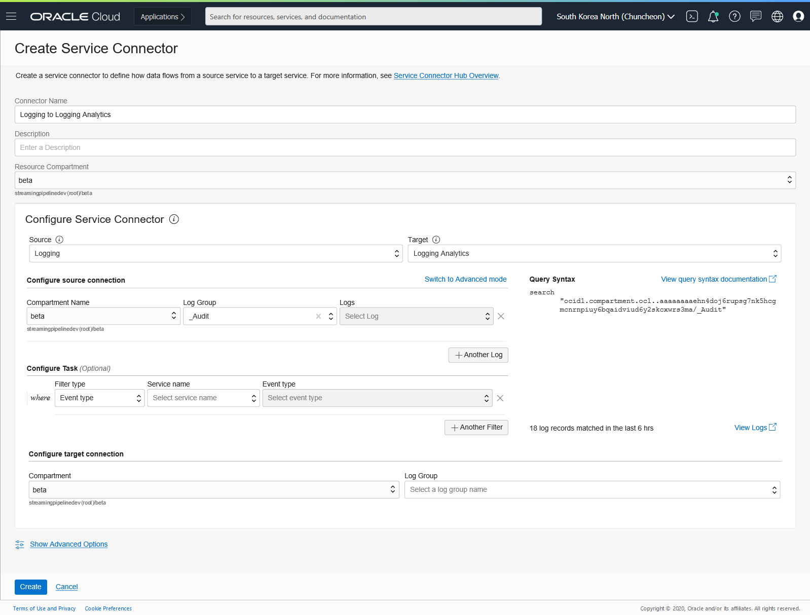 A screenshot of the Create Service Connector screen with example details filled in for configuring a service connector.