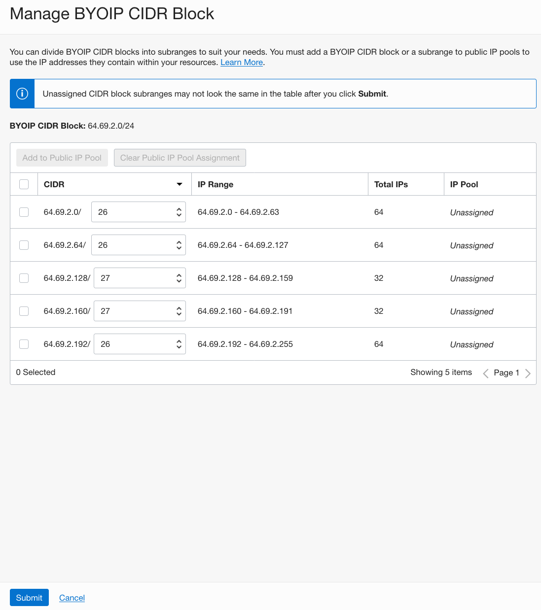 A screenshot of the Manage BYOIP CIDR Block screen with list of CIDR blocks.
