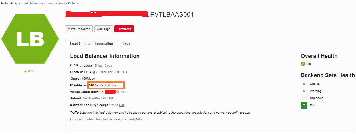 A screenshot of the Load Balancer details page with the IP address outlined in orange.