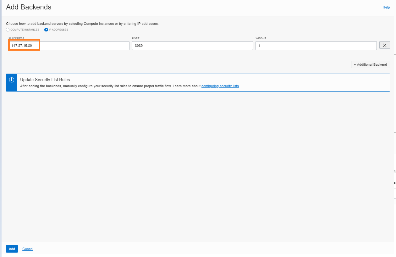 A screenshot of the Add Backends page, with the IP address filled in and outlined in orange.