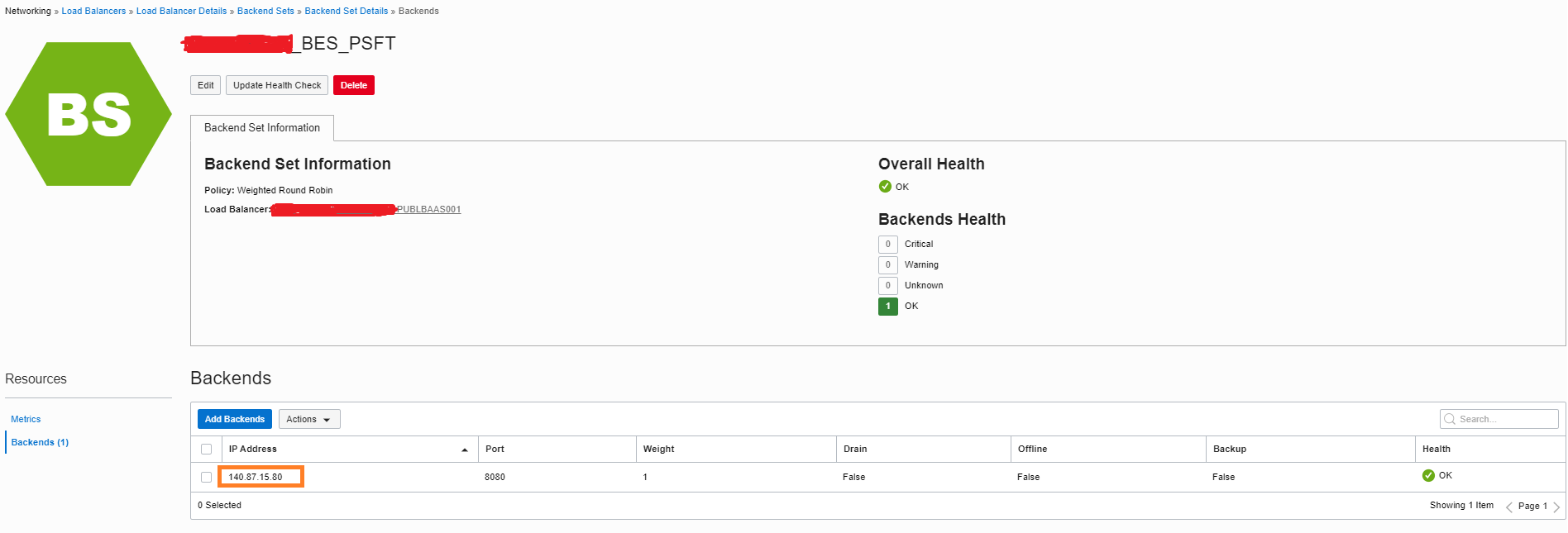 A screenshot of the Backend Set Information page, showing the backend added.