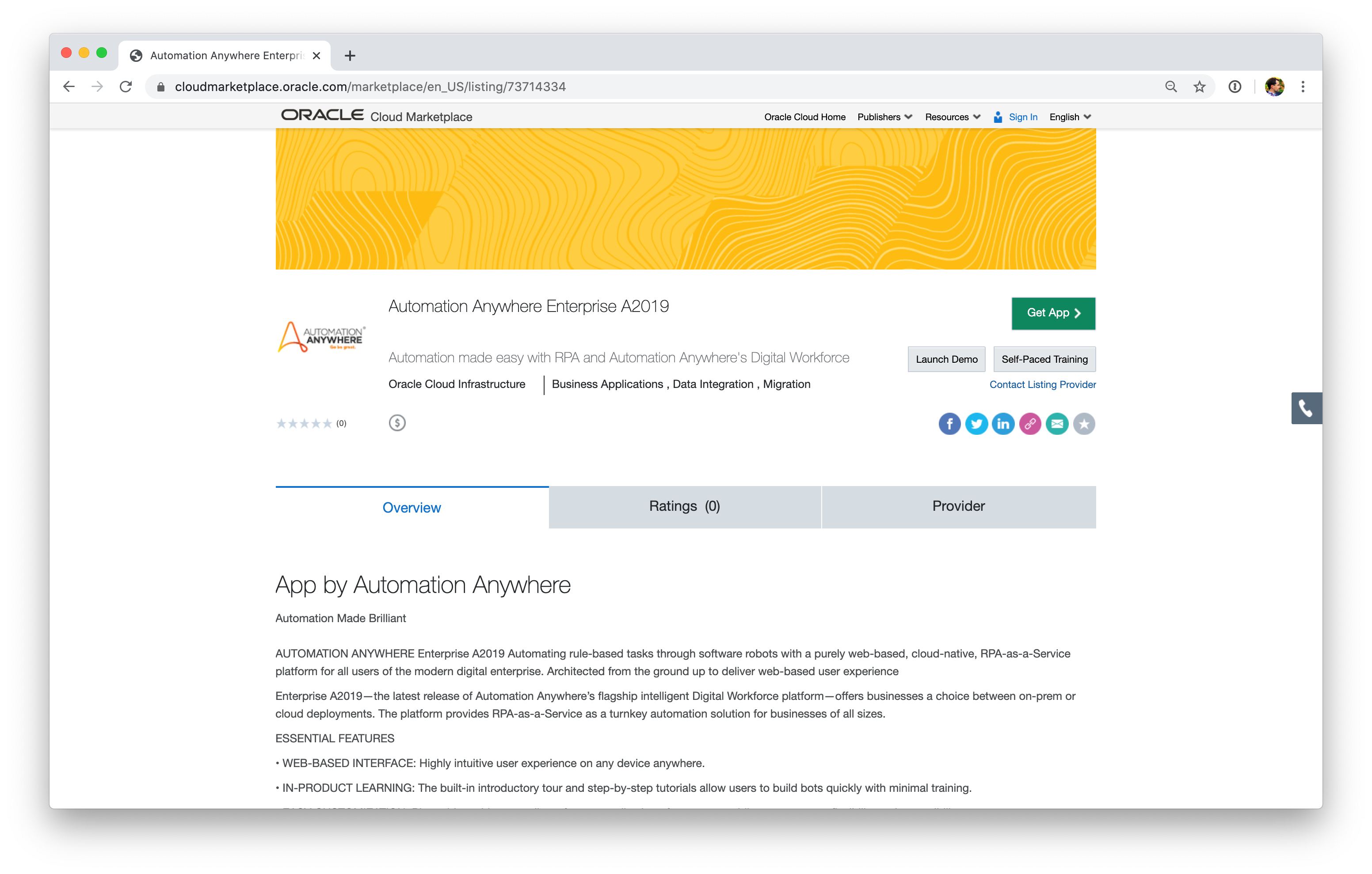 A screenshot of the Authomation Anywhere Enterprise A2019 download page on Oracle Cloud Marketplace