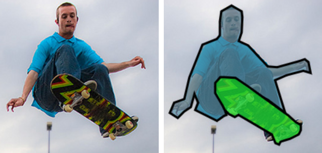 Two images of a skateboarder, one raw and one with mask applied