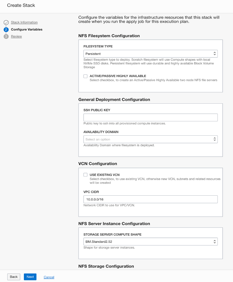 A screenshot of the Create Stack screen where you can configure your NFS filesystem.