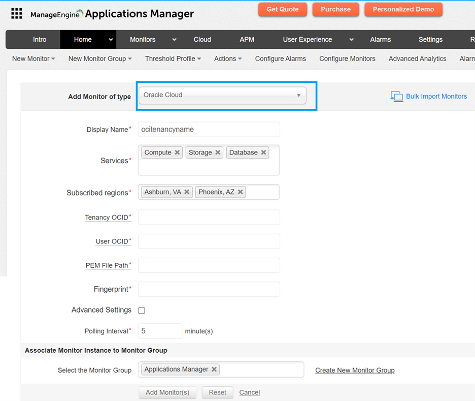 A screenshot of the MonitorEngine dashboard with monitor type highlighted