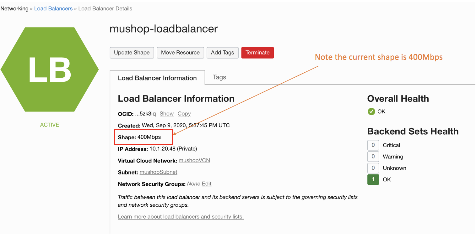 A screenshot of the Loading Balancer Details page with the shape circled in red and a note pointing to it that says, “Note the current shape is 400 Mbps.”