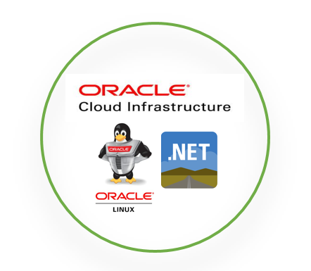 A graphic depicting the Oracle Linux and .Net logos in a green circle.