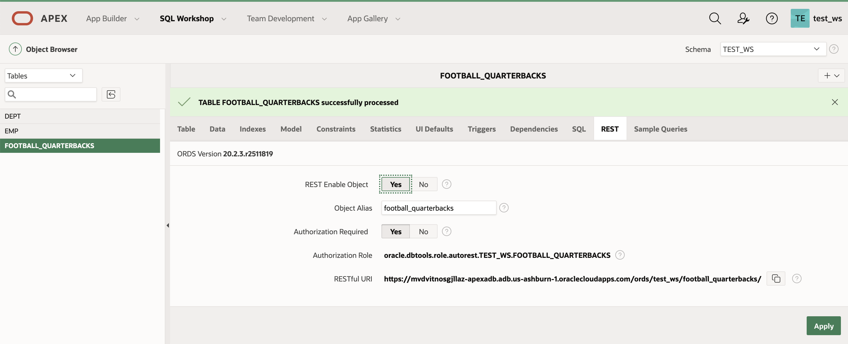 A screenshot of the SQL Workshop tab in APEX.