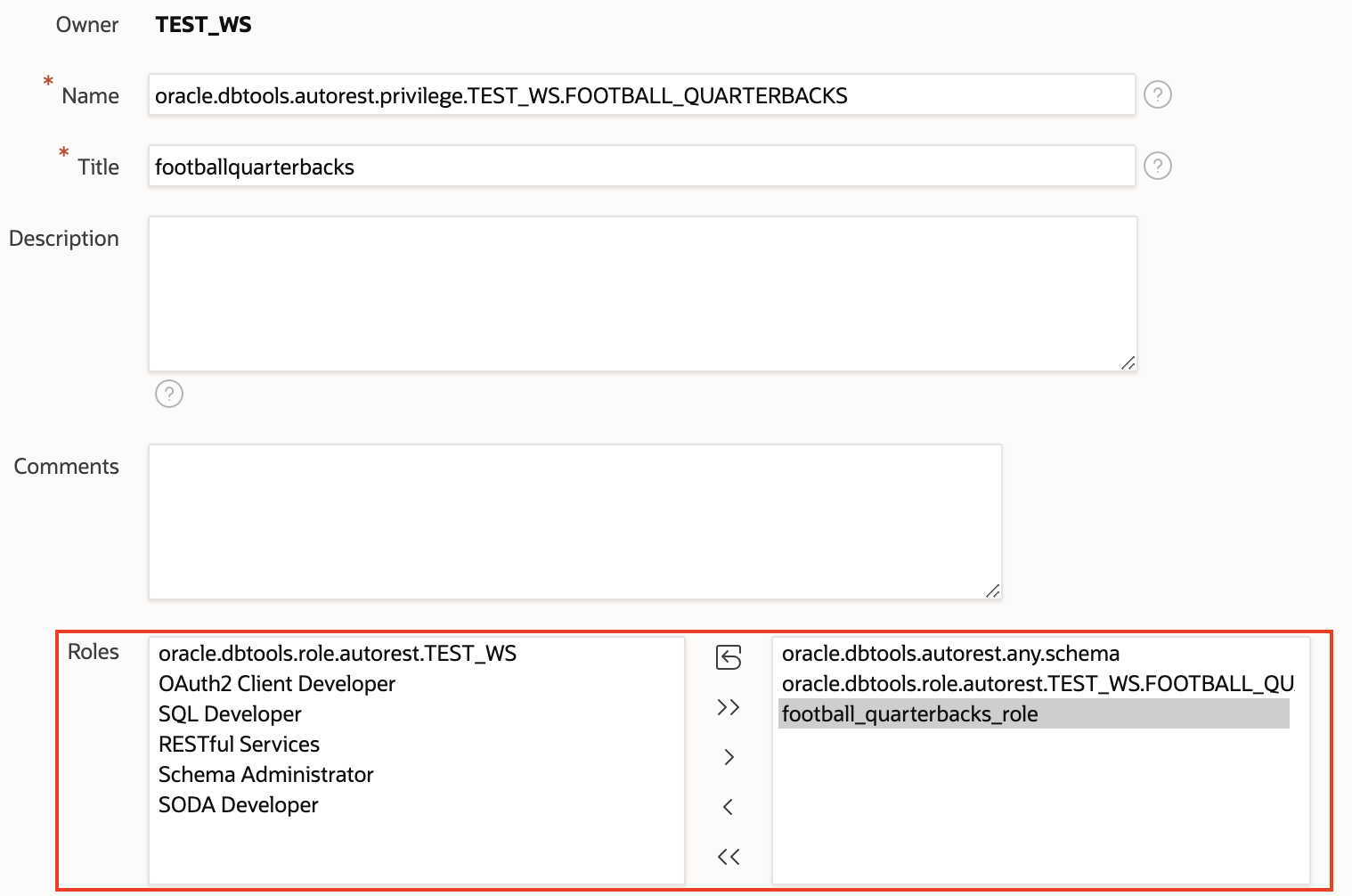 A screenshot of the privilege details with the added role outlined in red.