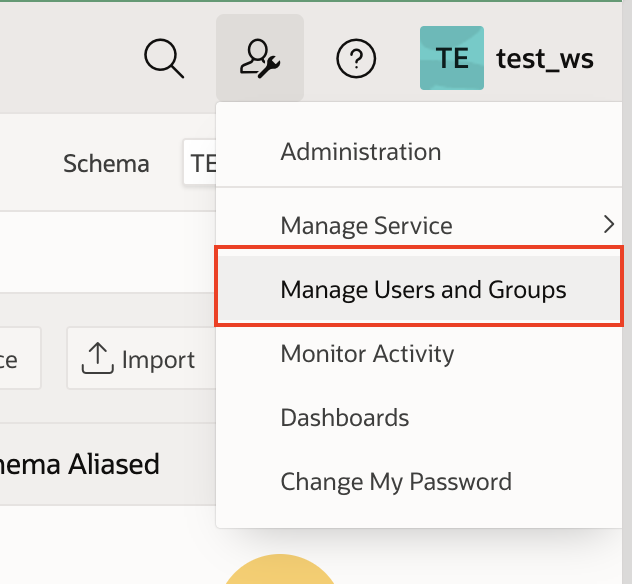 A screenshot of the expanded Administration menu with Manage Users and Groups selected and outlined in red.