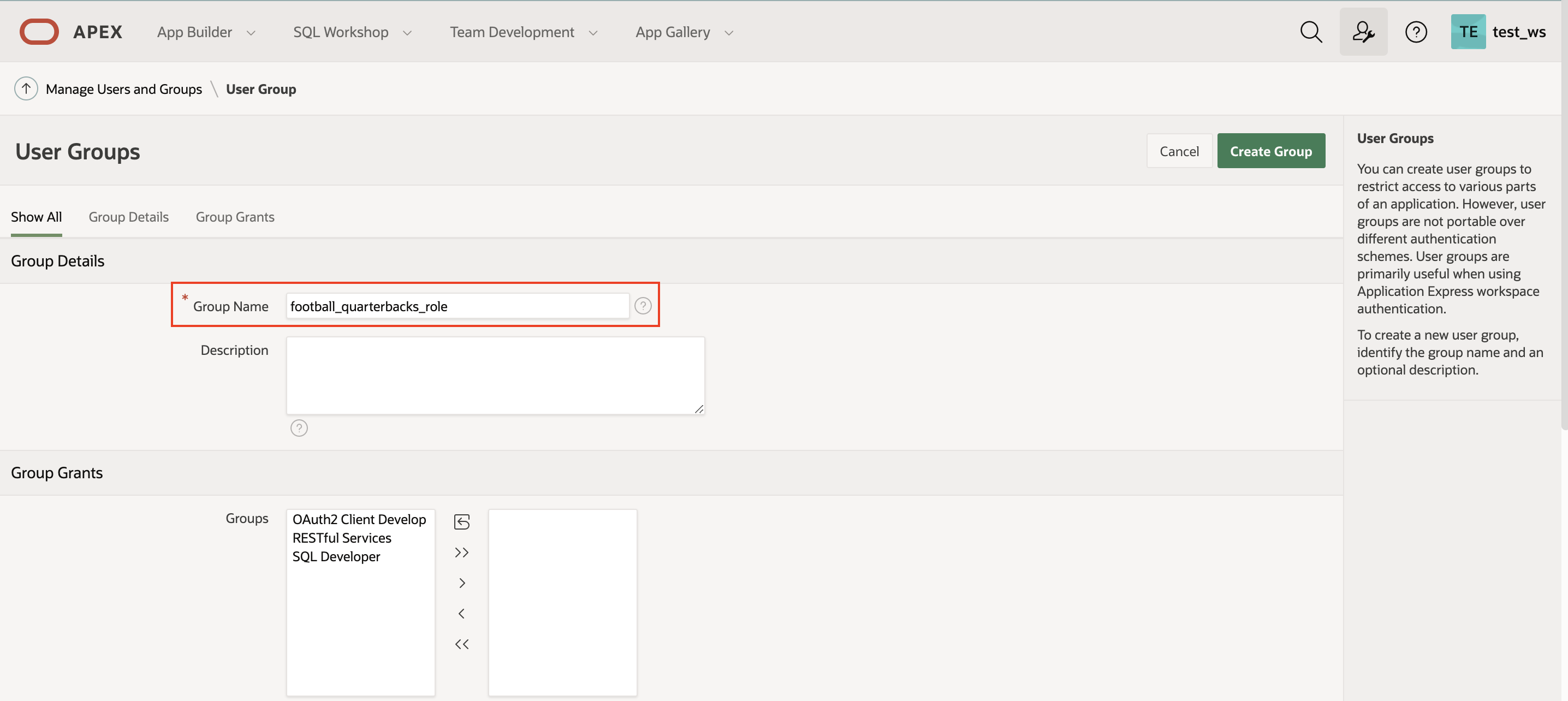 A screenshot of the User Groups screen with the Group Name filled in and outlined in red.