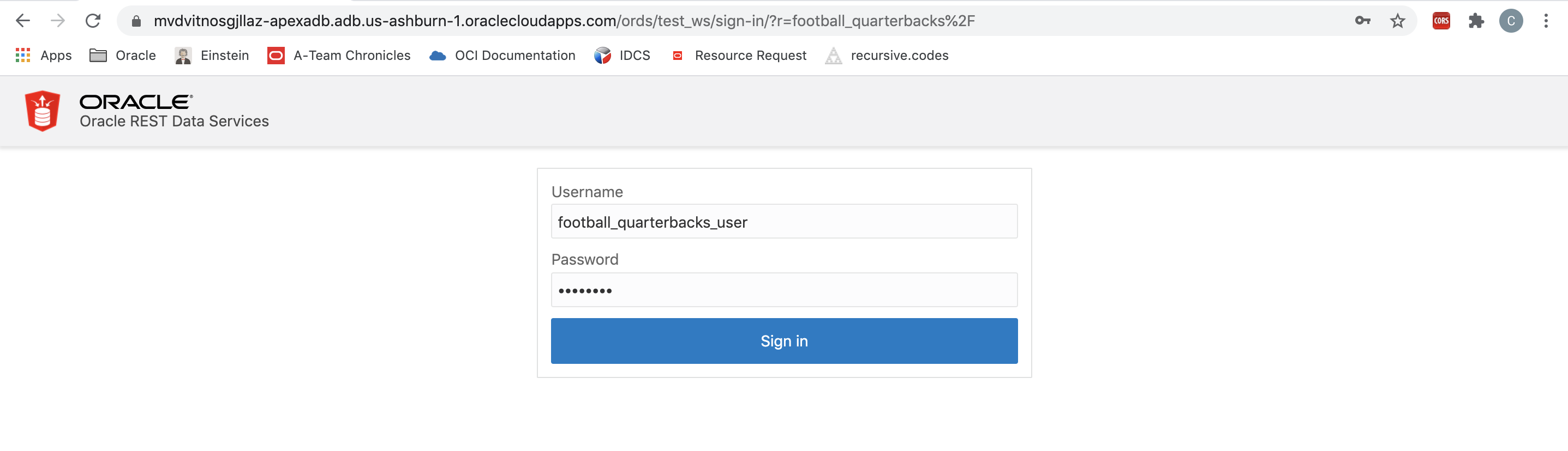 A screenshot of the Oracle REST Data Services login screen.