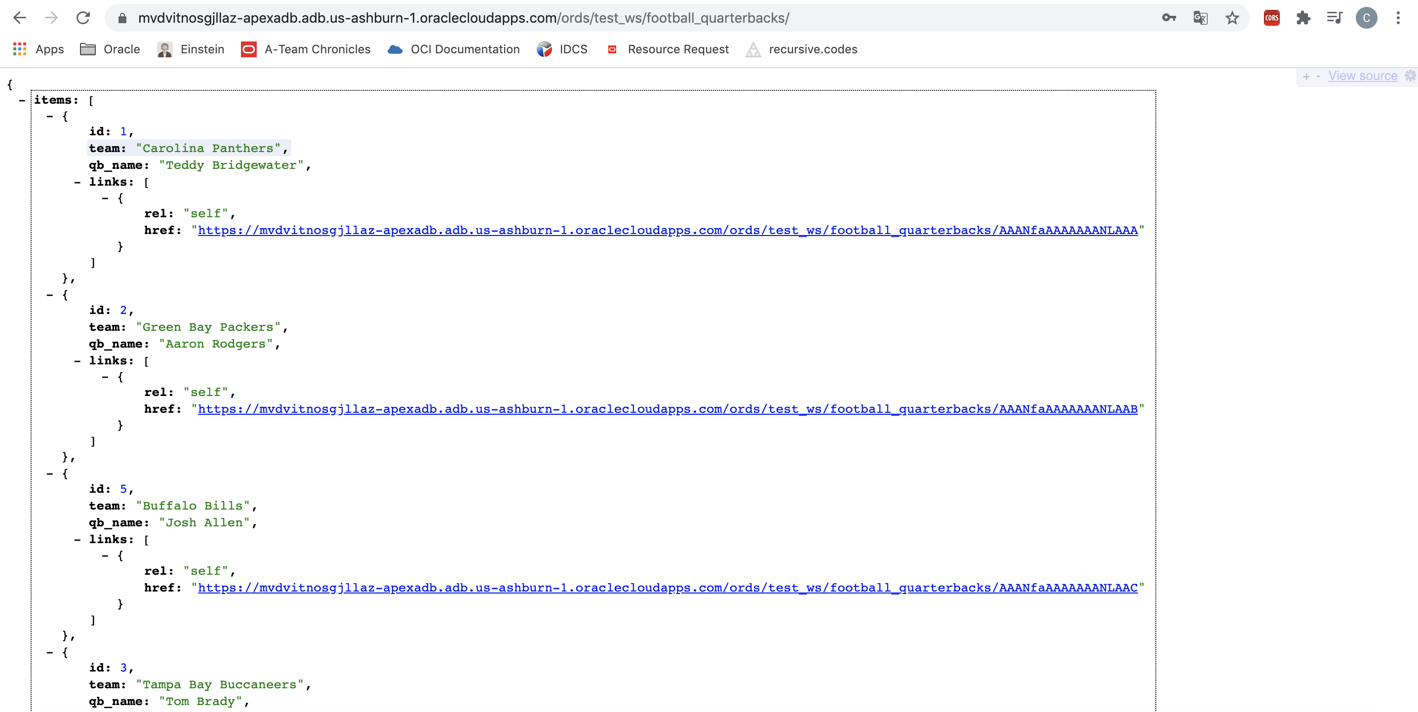 A screenshot of the table accessed from ORDS.