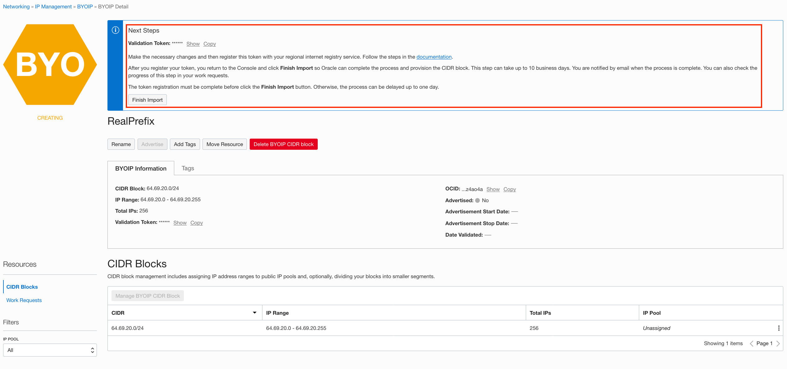 A screenshot of the BYOIP Detail screen with the Next Steps window outlined in red.