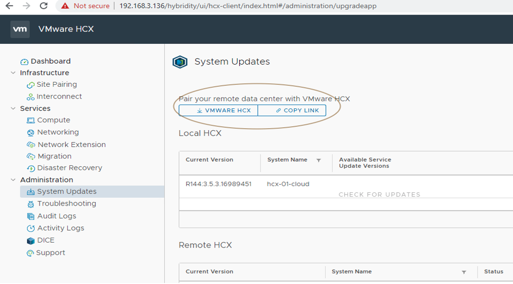A screenshot of the System Updates page with the options for pairing your remote data center with VMware HCX circled.