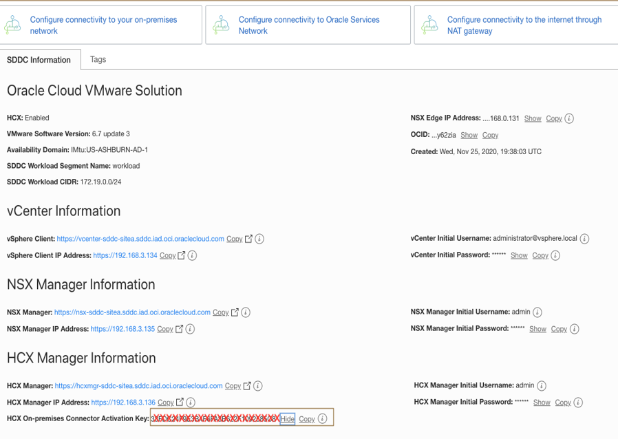 A screenshot of the SDDC information page for your Oracle Cloud VMWare Solution.