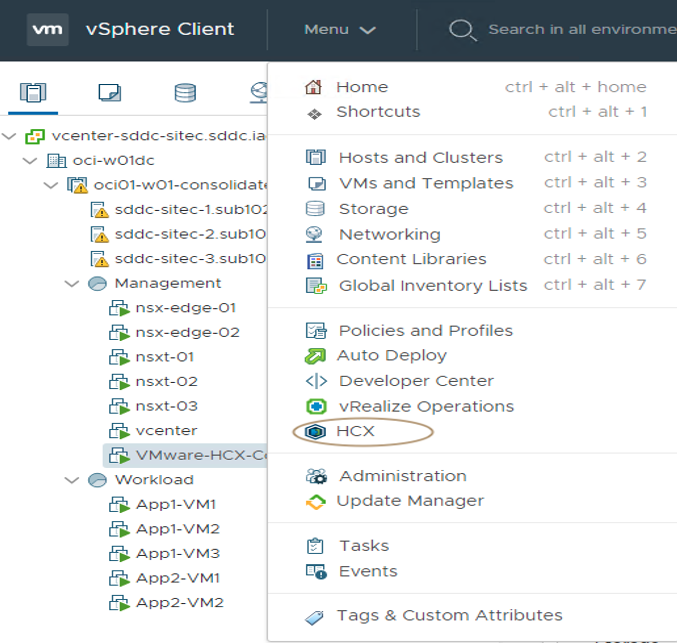 A screenshot of the VMWare vSphere Client page showing HCX in the menu.