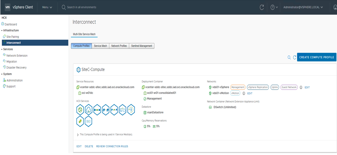 A screenshot of the Interconnect screen in the VMWare vSphere Client.