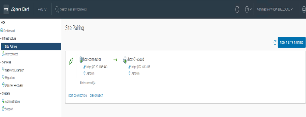A screenshot of the Site Pairing page in the VMWare vSphere Client.