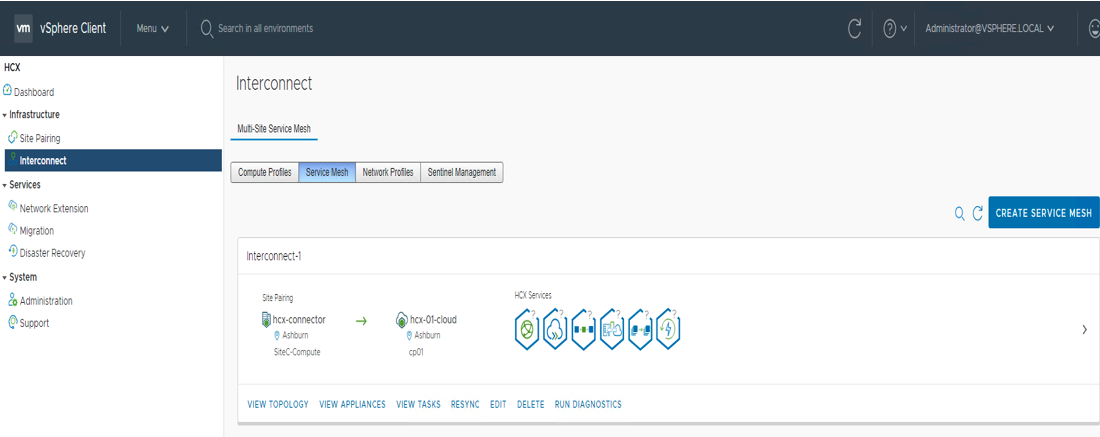 A screenshot of the Service Mesh tab on the Interconnect page in the  VMWare VSphere Client.