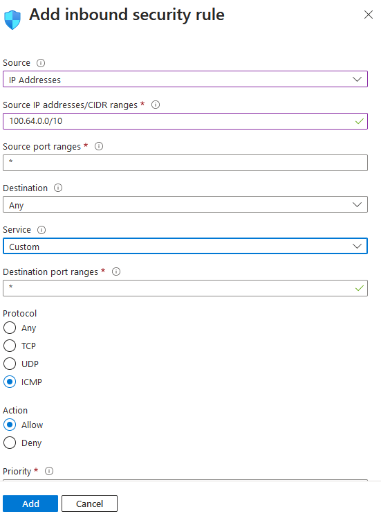 Screenshot showing adding the NSG rule for ICMP