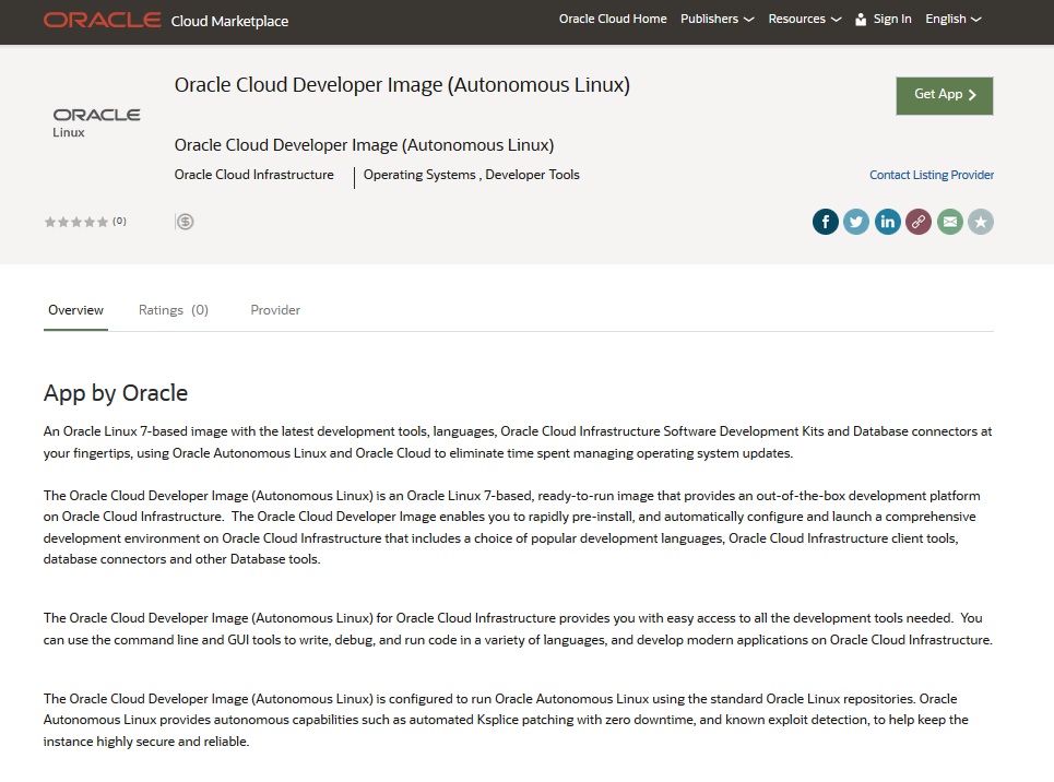 A screenshot Oracle Cloud Marketplace listing for Oracle Cloud Developer Imagine (Autonomous Linux).