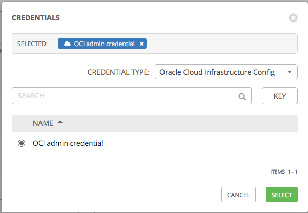 A screenshot of the Credentials page, showing the creation of an OCI admin credential.